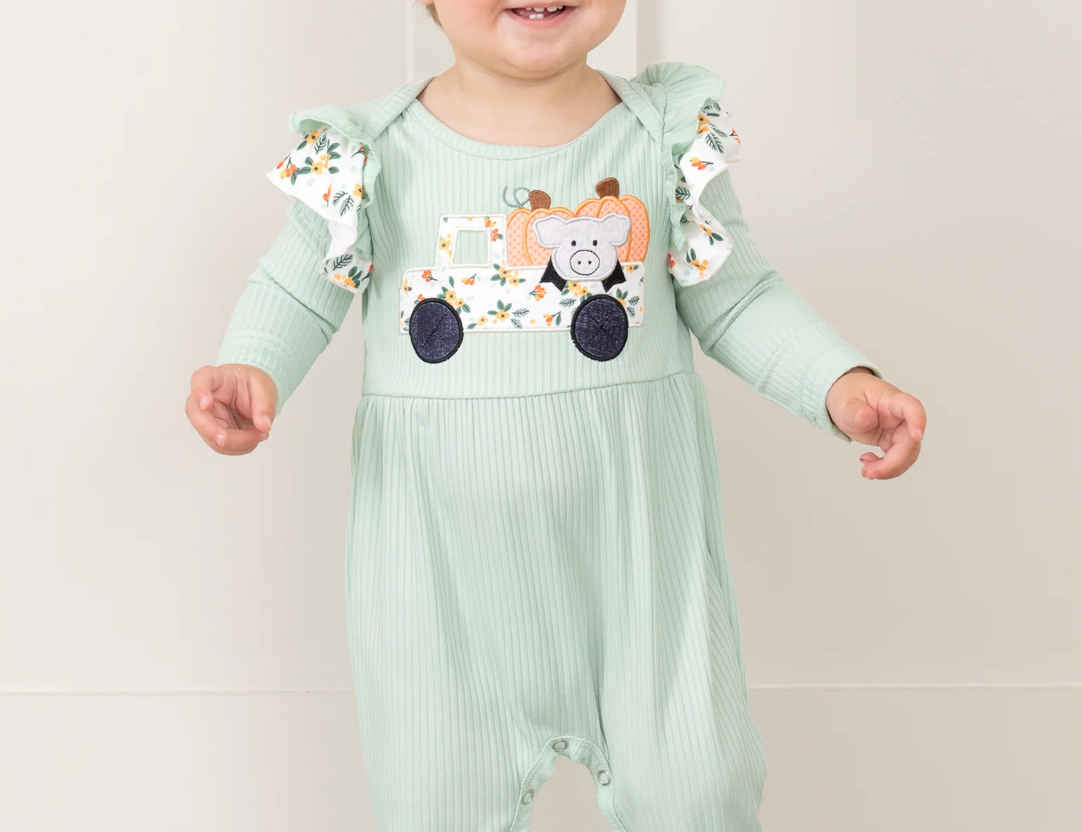 Mint Floral Piggy & Pumpkins Truck Ruffle Romper